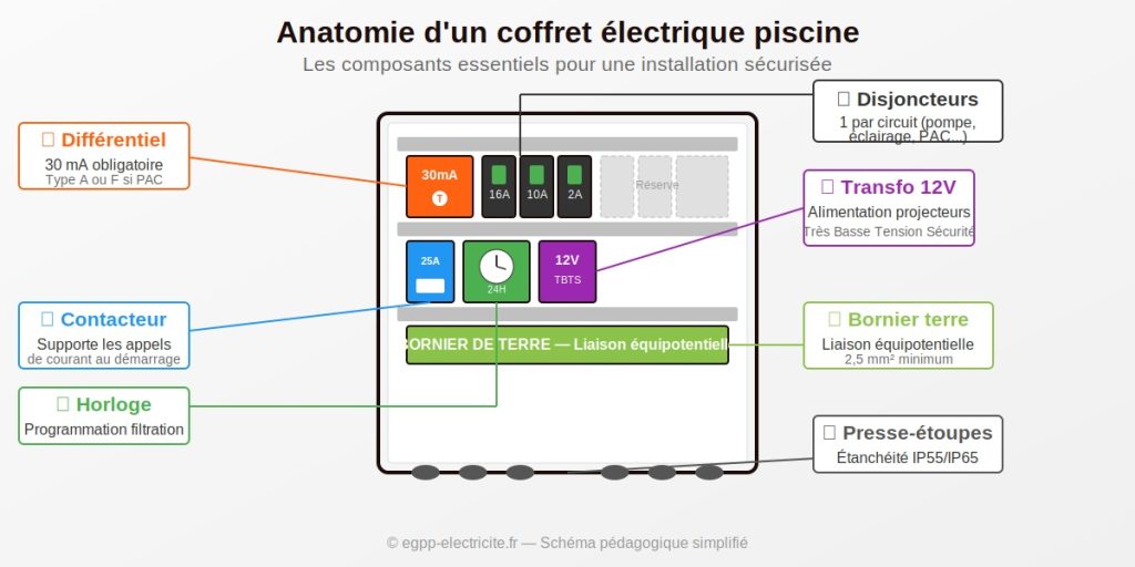 Anatomie d'un coffret électrique piscine avec les 7 composants essentiels : différentiel 30 mA, disjoncteurs magnétothermiques, contacteur de puissance, horloge de programmation, transformateur 12V TBTS, bornier de terre et presse-étoupes
