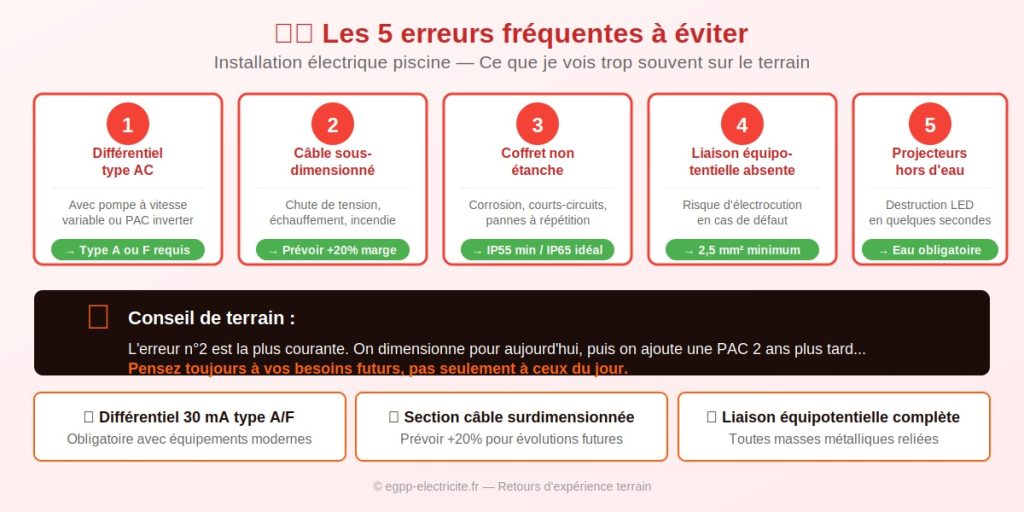 Infographie des 5 erreurs fréquentes sur les installations électriques piscine : différentiel type AC, câble sous-dimensionné, coffret non étanche, liaison équipotentielle absente, projecteurs allumés hors d'eau