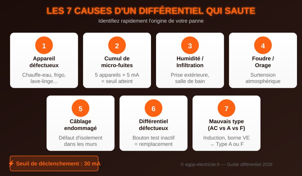 Les 7 causes d'un différentiel qui saute : appareil défectueux, cumul de fuites, humidité, orage, câblage, différentiel HS, mauvais type