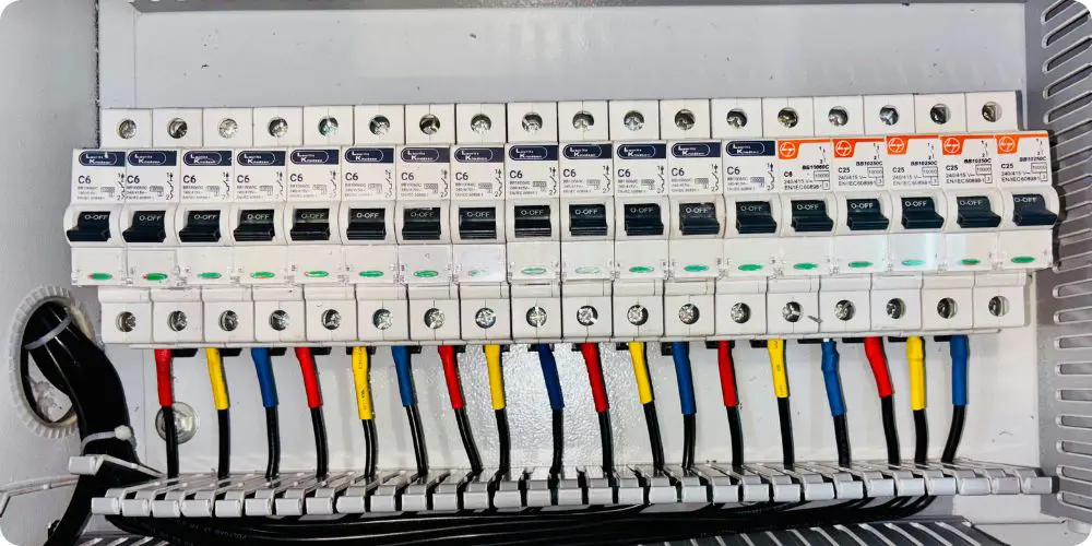 Tableau électrique résidentiel ouvert avec interrupteurs différentiels type A et AC et disjoncteurs divisionnaires alignés sur rail DIN