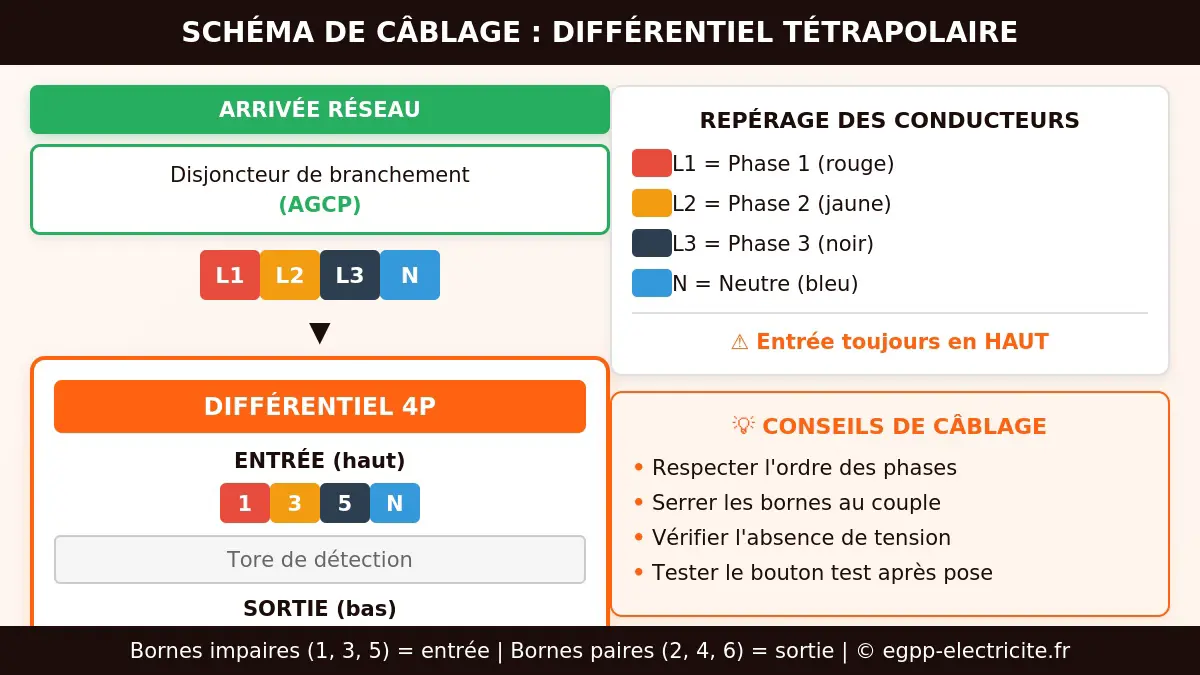 Schéma de câblage différentiel tétrapolaire avec repérage conducteurs L1 L2 L3 neutre et bornes entrée sortie