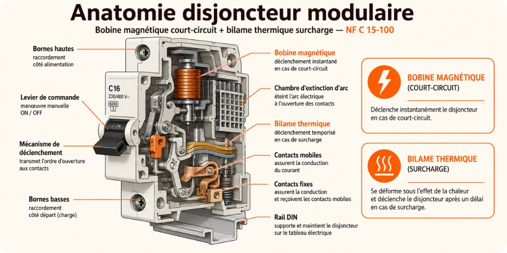 Anatomie disjoncteur modulaire : bobine magnétique court-circuit + bilame thermique surcharge — NF C 15-100