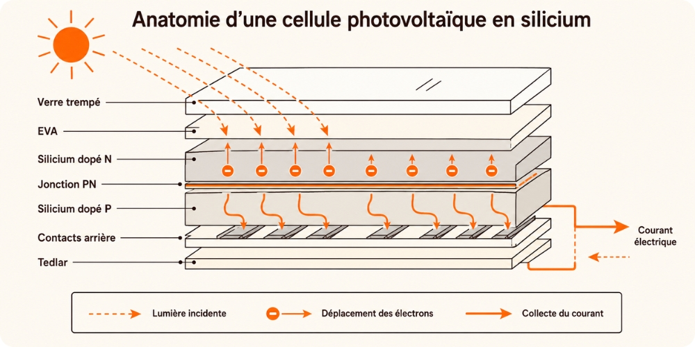 Anatomie d'une cellule photovoltaïque en silicium