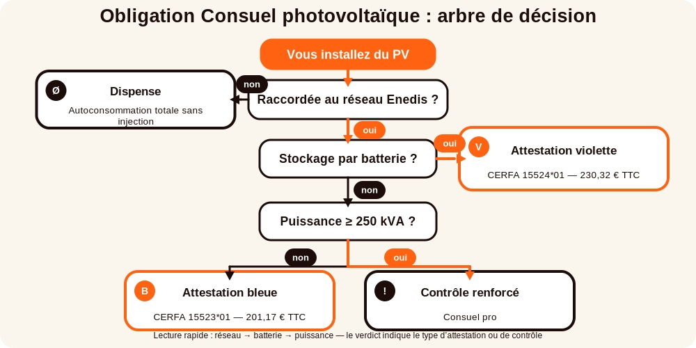 Arbre de décision visuel obligation Consuel photovoltaïque selon type installation autoconsommation revente surplus vente totale