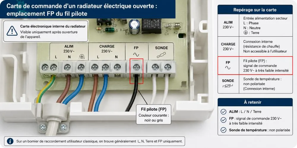 Bornier d'un radiateur électrique emplacement FP du fil pilote sur la carte de commande