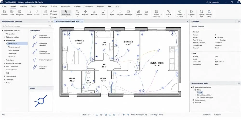 Capture d'écran d'un logiciel de conception de plan électrique avec symboles NF EN 60617
