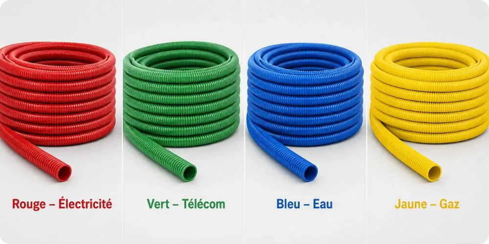 Comparatif visuel des couleurs de gaine TPC rouge électricité, verte télécom, bleue eau, jaune gaz