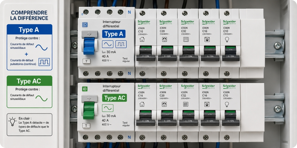 Différentiel type A et type AC en tableau électrique avec étiquetage symbole sinusoidal et impulsionnel