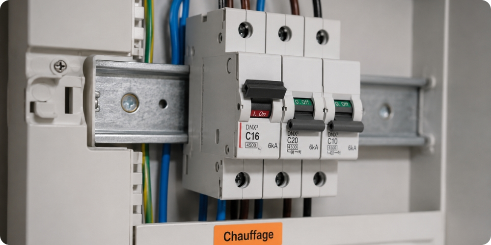 Disjoncteur 16 A chauffage électrique installé sur rail DIN tableau pavillon