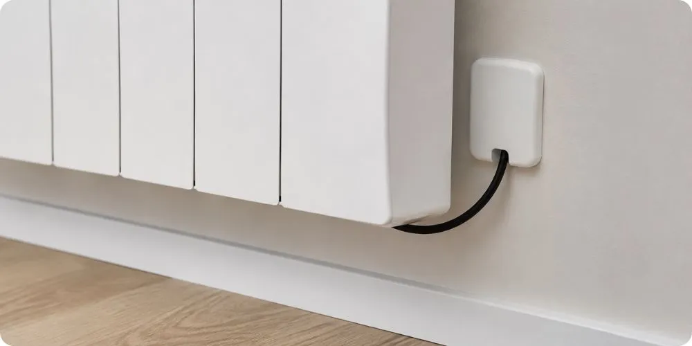 Fil pilote noir sortant d'un radiateur électrique mural blanc en sortie de câble