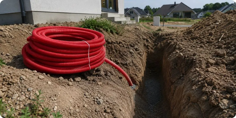 Gaine TPC rouge enroulée à l'entrée d'une tranchée de raccordement électrique en chantier résidentiel