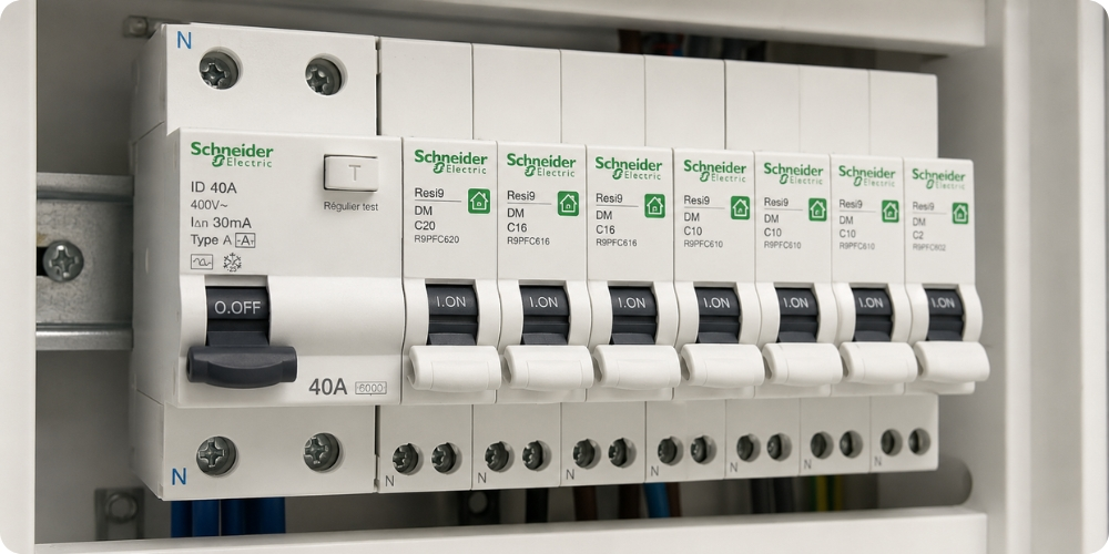 Interrupteur différentiel 40A 30mA en tête de rangée d'un tableau électrique résidentiel