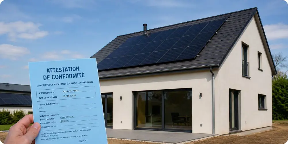 Maison neuve avec panneaux photovoltaïques en toiture et attestation Consuel bleue