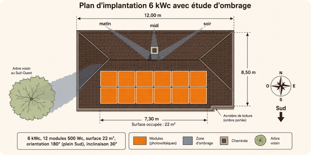 Plan implantation panneaux solaires 6 kWc avec étude ombrage
