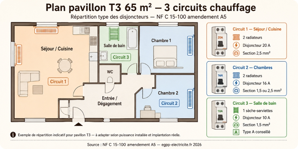 Plan pavillon T3 65 m² avec 3 circuits chauffage colorés — répartition disjoncteurs NF C 15-100 amendement A5