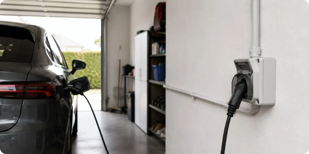 Prise renforcée Green'Up Legrand encastrée dans une cloison de garage avec connecteur Type 2 mode 2