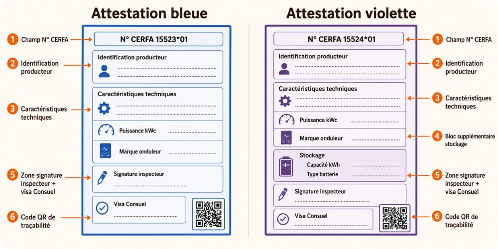 Schéma anatomique annoté attestation Consuel bleue et violette champs CERFA cadre signature visa pour installation photovoltaïque