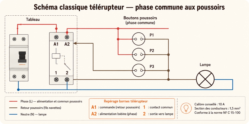 Schéma de câblage télérupteur avec phase commune aux boutons poussoirs et bornes A1 A2 1 2