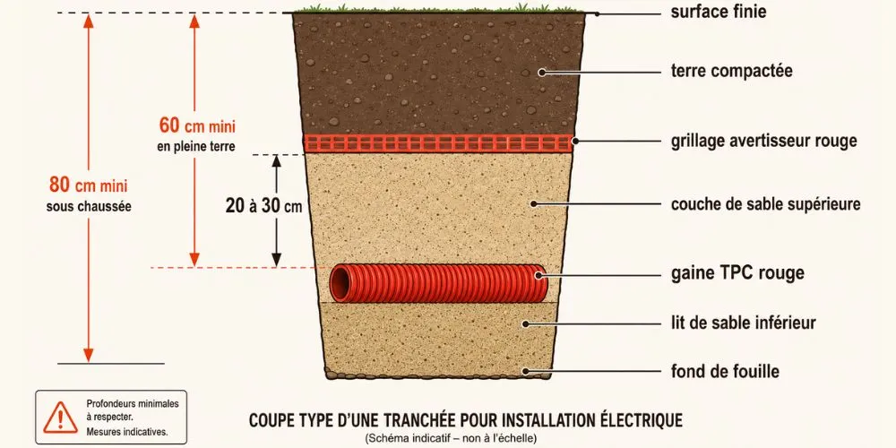 Schéma de coupe d'une tranchée avec gaine TPC électrique au fond, lit de sable et grillage avertisseur rouge