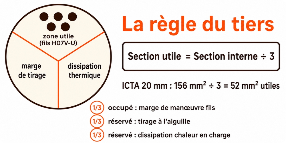 Schéma de la règle du tiers : section interne d'une gaine ICTA divisée en trois zones, fils conducteurs occupant la zone utile