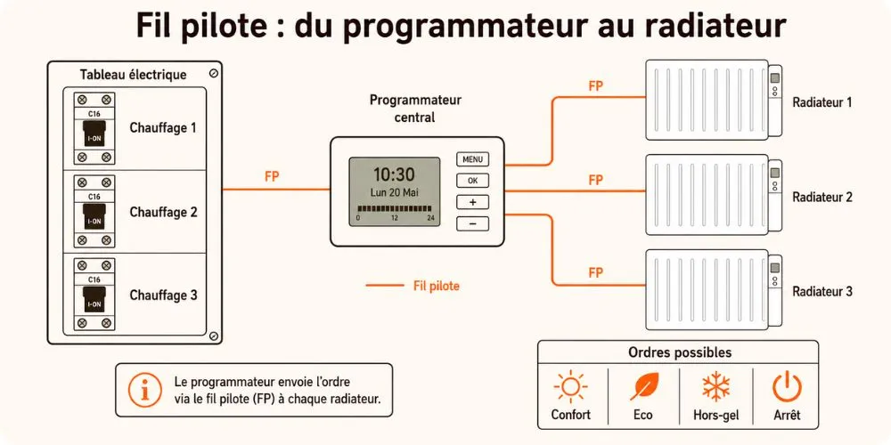Schéma de principe programmateur central reliant le fil pilote à plusieurs radiateurs électriques