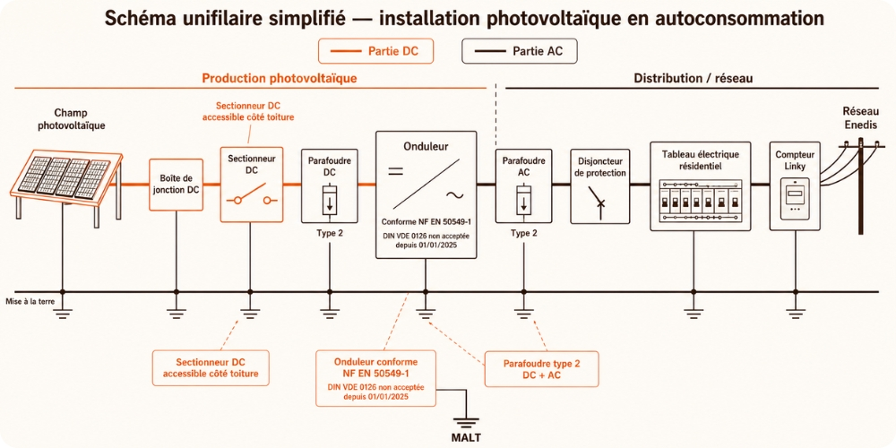 Schéma unifilaire installation photovoltaïque autoconsommation avec sectionneur DC parafoudre onduleur tableau électrique mise à la terre