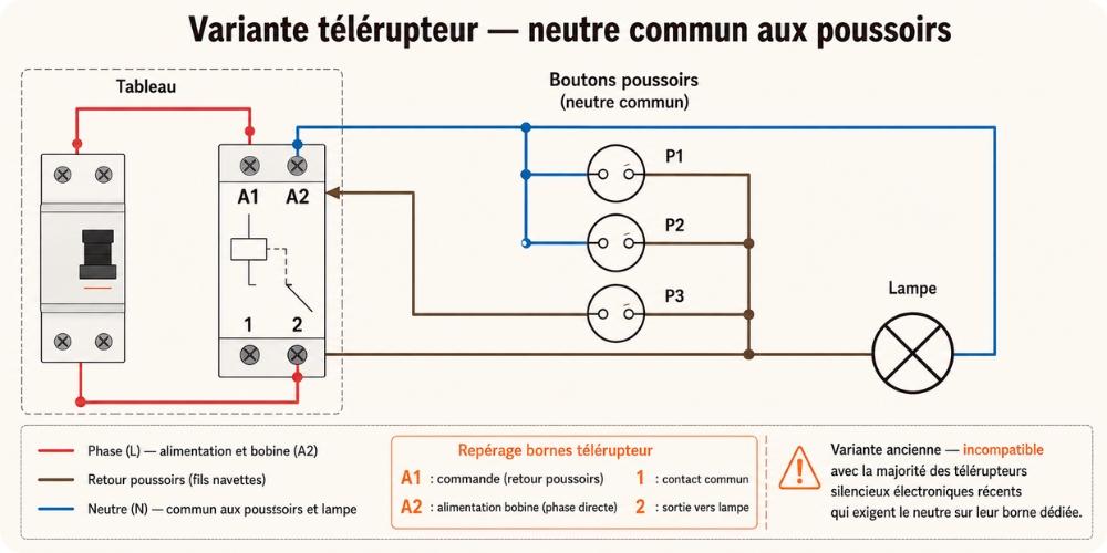 Schéma variante télérupteur avec neutre commun aux boutons poussoirs et phase directe sur la bobine A2