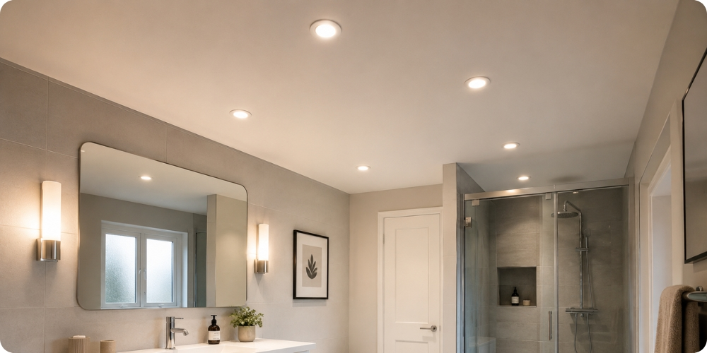 Spot LED encastrable IP65 installé en plafond de salle de bain conforme à la norme NF C 15-100