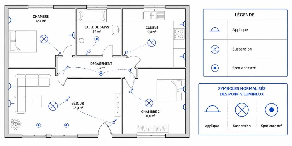 Symboles des points lumineux normalisés applique, suspension et spot encastré sur plan