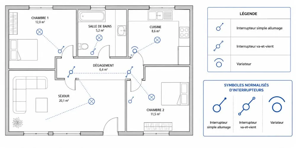 Symboles d'interrupteurs normalisés simple allumage, va-et-vient et variateur sur plan électrique