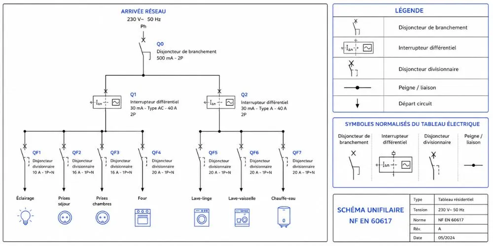 Symboles du tableau électrique disjoncteurs et différentiels sur schéma unifilaire NF EN 60617