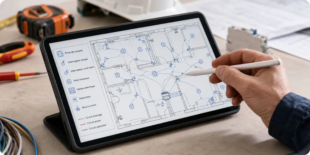 Symboles électriques normalisés sur un plan numérique consulté par un électricien