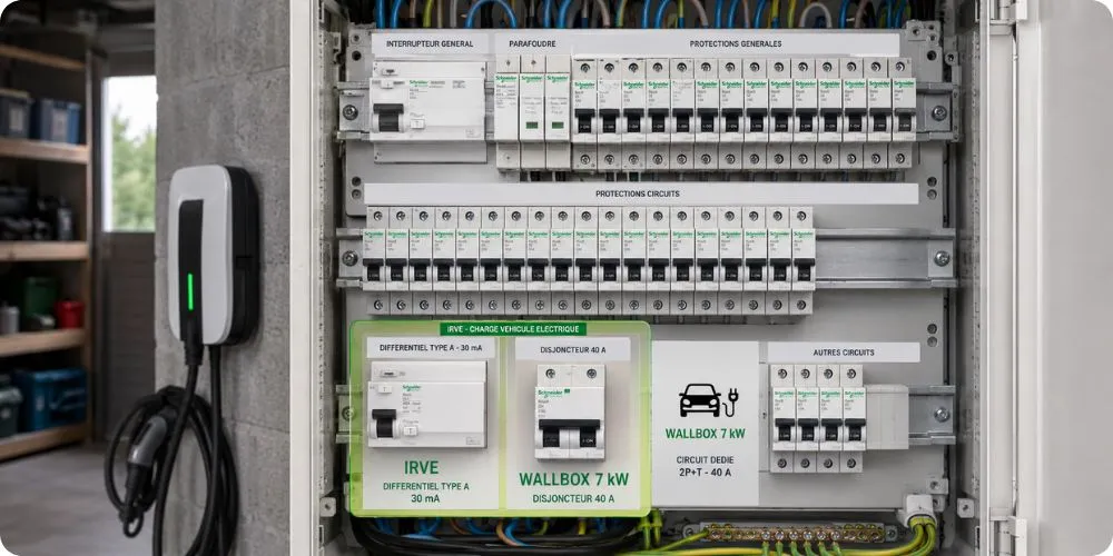 Tableau électrique résidentiel avec circuit IRVE dédié, disjoncteur 32 A courbe C et différentiel 30 mA type A