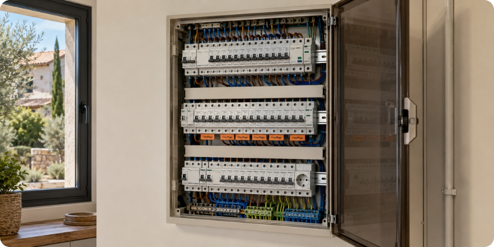 Tableau électrique avec disjoncteurs dédiés chauffage radiateur — installation pavillon 2026