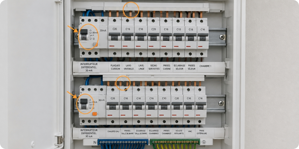 Tableau électrique en cours de contrôle Consuel, points de contrôle critiques marqués sur peignes et différentiels