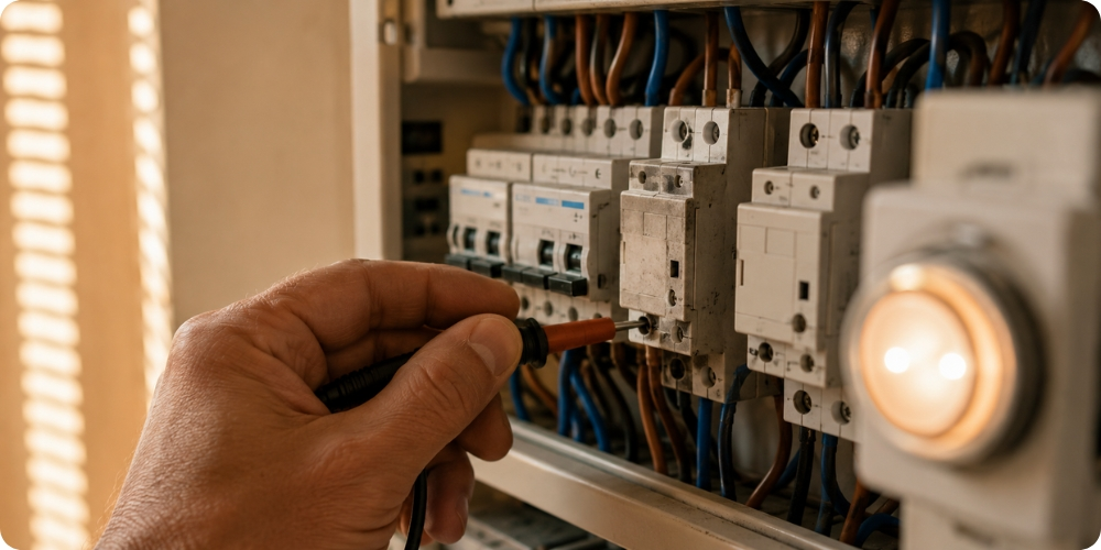 Tableau électrique avec télérupteur défaillant et poussoirs lumineux LED illustrant les pièges courants
