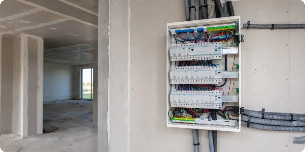 Tableau électrique neuf en cours de câblage dans une maison en construction