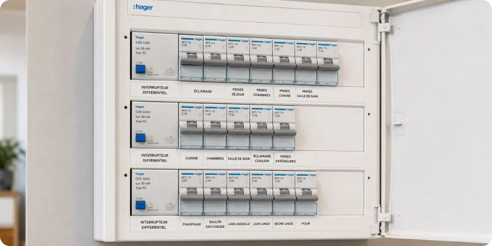 Tableau électrique organisé par usage avec étiquetage des disjoncteurs cuisine, chambres et chauffage