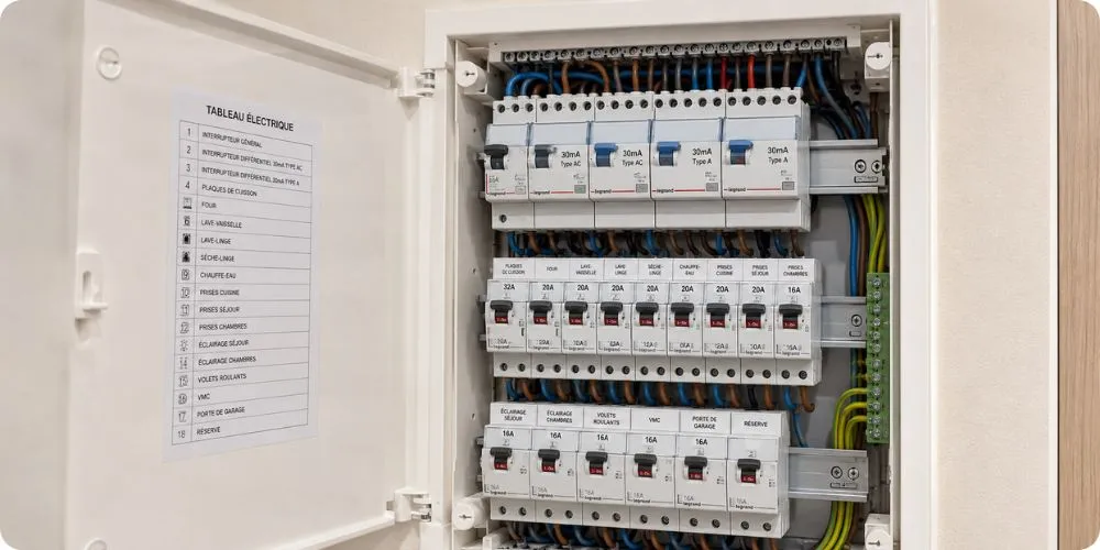 Tableau électrique résidentiel ouvert avec interrupteurs différentiels 30 mA et disjoncteurs divisionnaires
