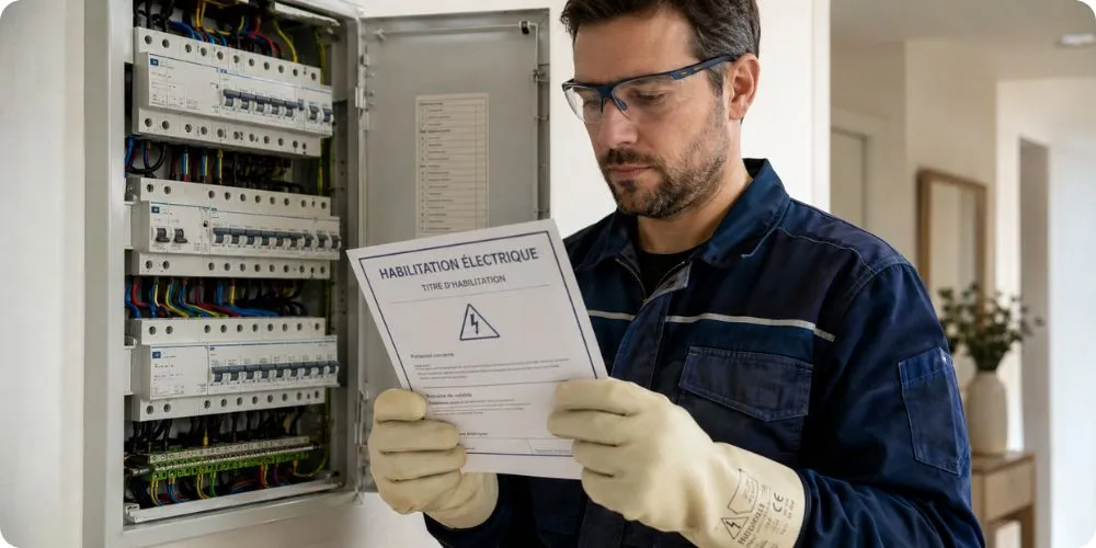 Technicien en EPI consultant son titre d'habilitation électrique devant un tableau résidentiel BT