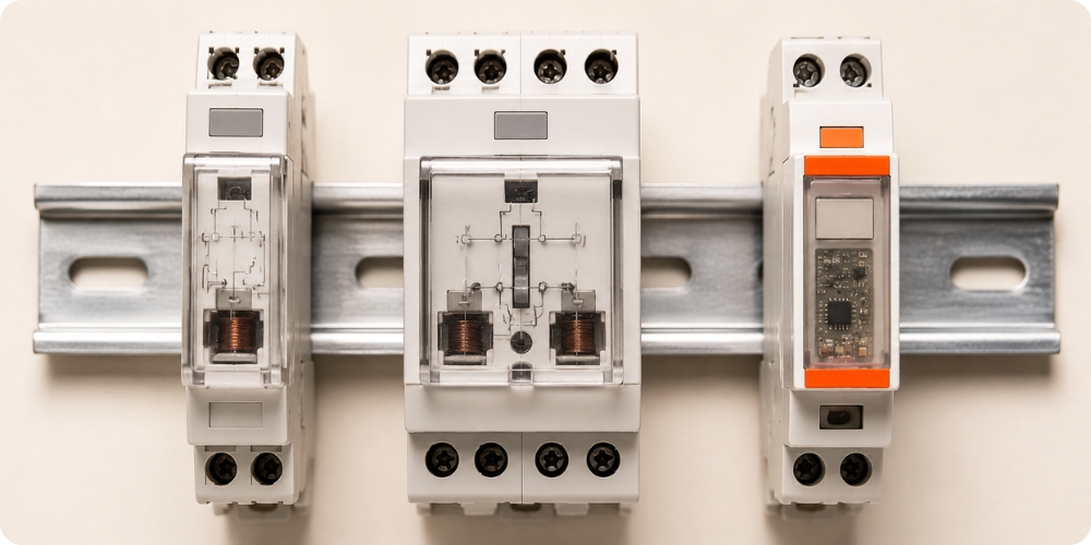 Comparatif visuel télérupteur unipolaire électromécanique bipolaire et silencieux électronique sur rail DIN