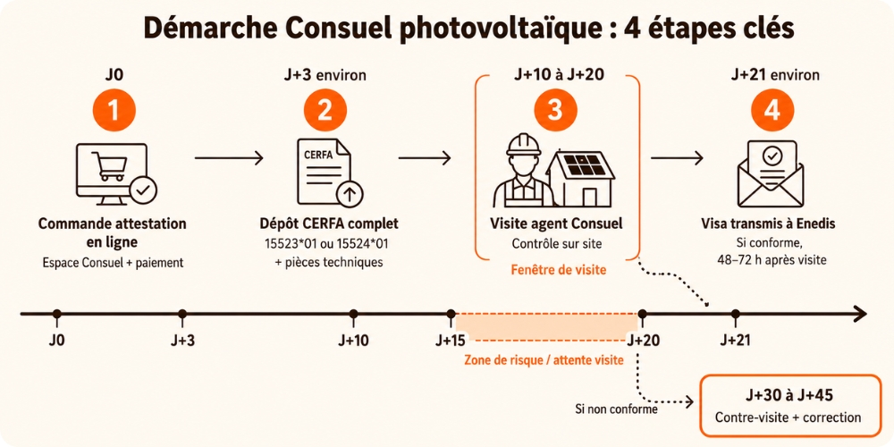 Timeline visuelle 4 étapes démarche Consuel photovoltaïque commande remplissage visite attestation délai