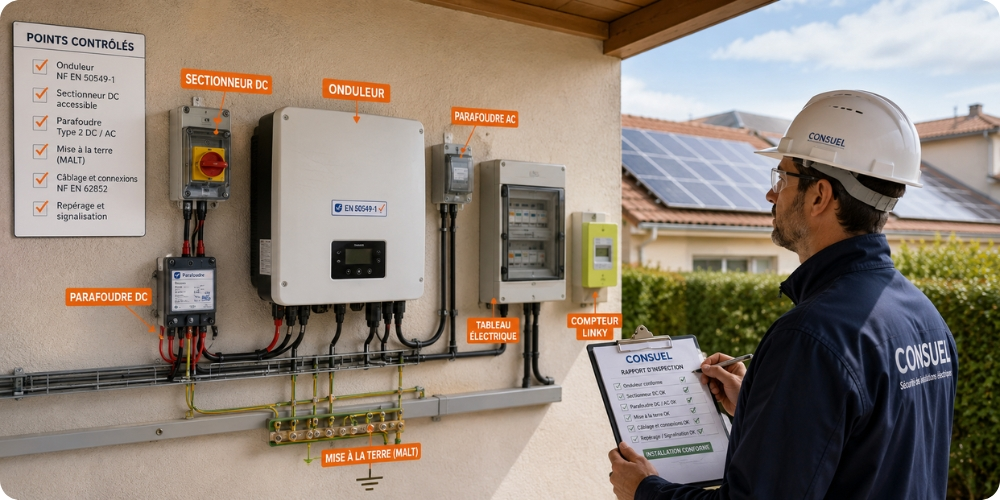Vue panoramique de l'inspection Consuel installation photovoltaïque points contrôle onduleur sectionneur parafoudre mise à la terre