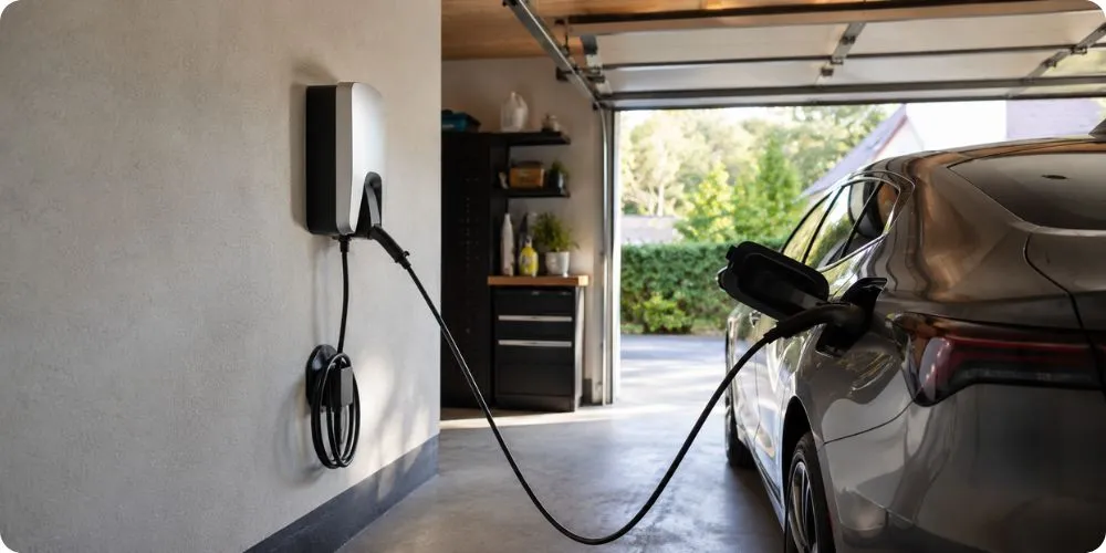 Wallbox 7,4 kW monophasée installée en façade d'un pavillon avec véhicule électrique en charge