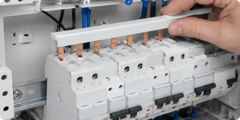Zoom sur peigne d'alimentation, rail DIN et disjoncteurs divisionnaires d'un tableau électrique modulaire