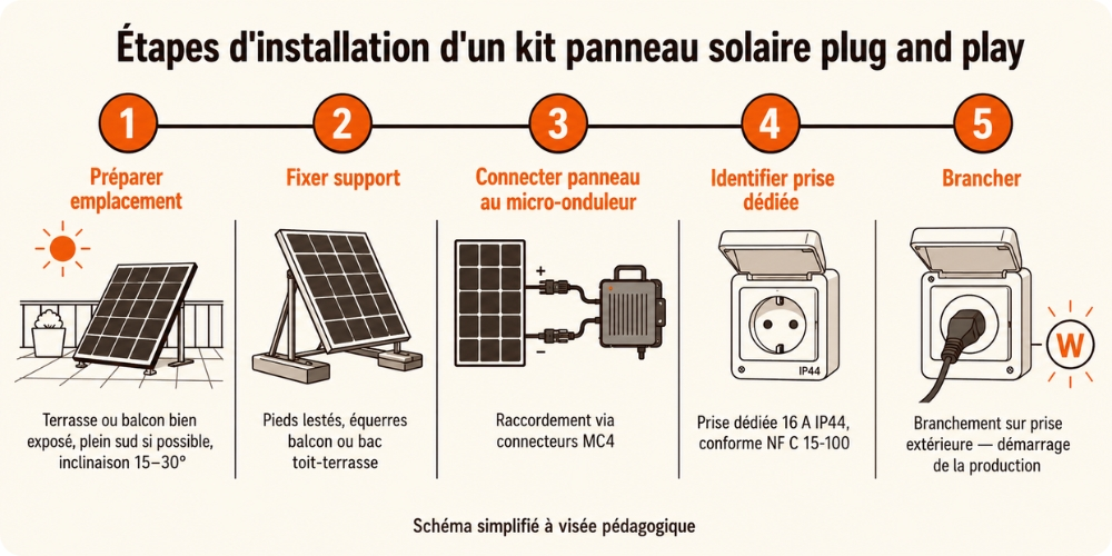 Étapes d'installation d'un kit panneau solaire plug and play : pose au sol sur terrasse, branchement sur prise dédiée 230V extérieure