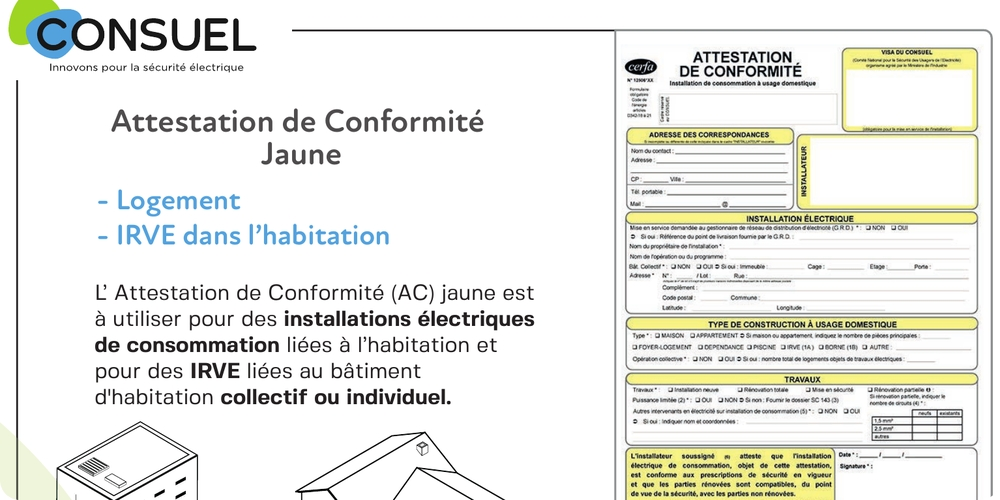Attestation Consuel jaune pour installation électrique domestique particulier, formulaire officiel de conformité NF C 15-100