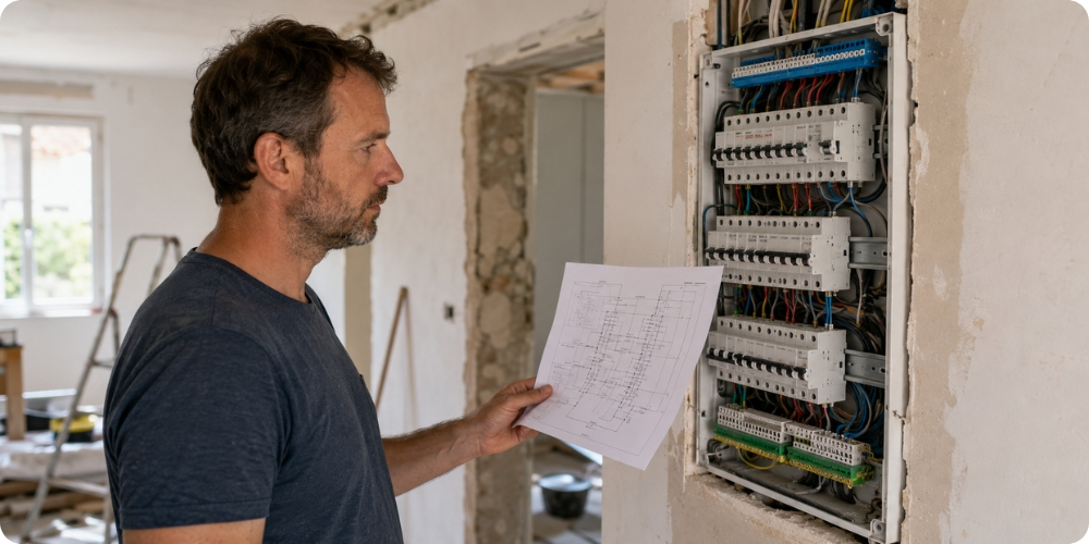 Autoconstructeur examinant un tableau électrique résidentiel ouvert avec schéma unifilaire