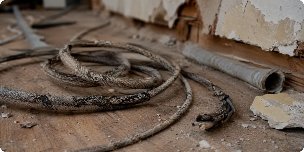 Câble électrique gaine textile années 60, signal de rénovation urgente dans une maison ancienne