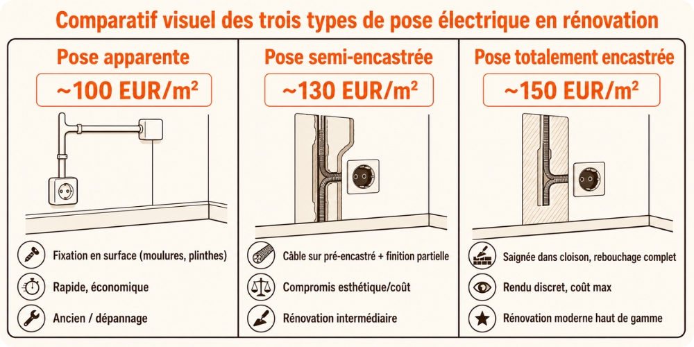 Comparatif visuel des trois types de pose électrique en rénovation : apparent, semi-encastré, totalement encastré